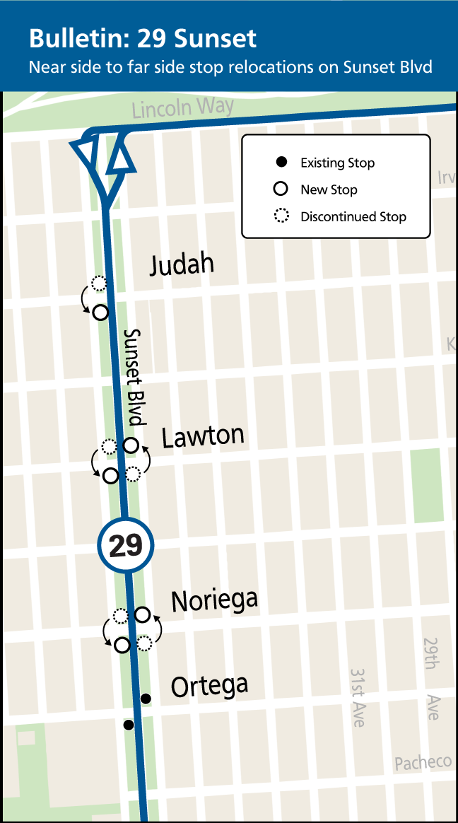 Map showing stop relocations along Sunset Boulevard for the 29 Sunset, effective Feb. 1, 2025