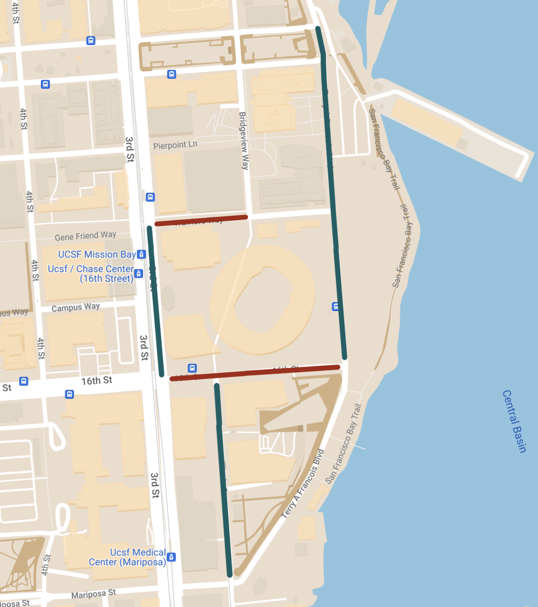 Map of the area around Chase Center. Details of the street closures are listed above.