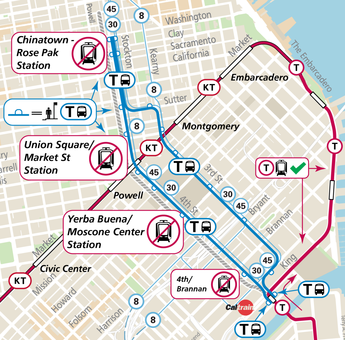 Map showing Central Subway Tunnel closures and alternative routes. Chinatown, Union Square, Yerba Buena and 4th/Brannan stations will be closed. Alternative routes include T Bus shuttle, KT train, 30 Stockton, 45 Union-Stockton and 8 Bayshore.