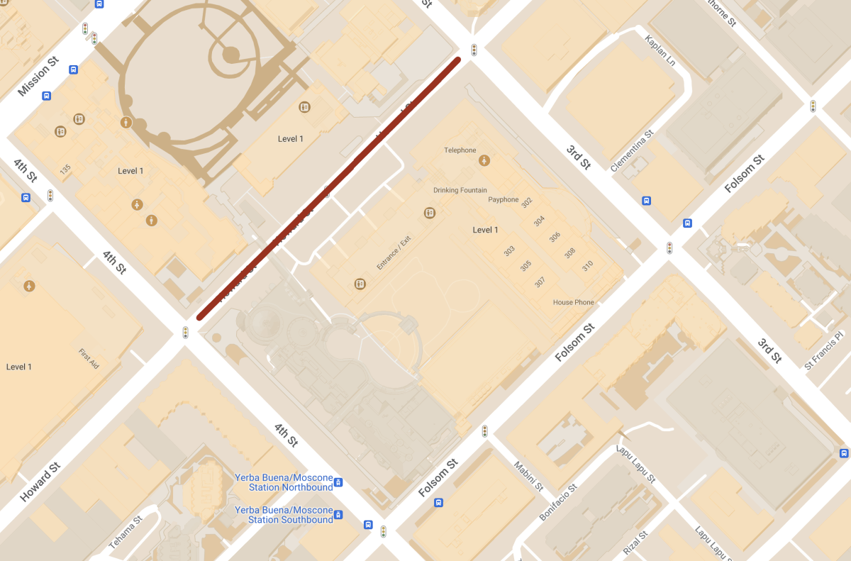 Map of the area around Moscone Center. Details of the street closures are listed above.