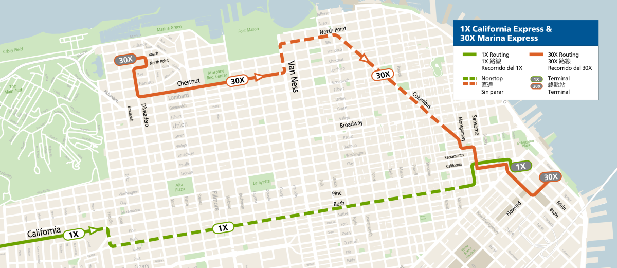 Map showing routes for the 30X Marina Express and the 1X California Express.