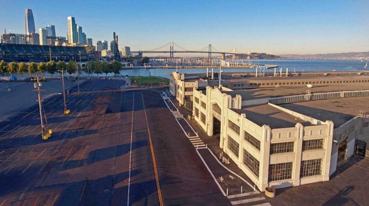 Pier 48 with Oracle Park and The City behind