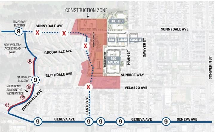 Map showing street closures and Muni reroutes of the 9 and 9R during construction work on Santos Street between Sunnydale and Geneva