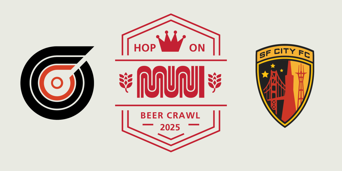 Cream-gray graphic features three logos, including SF City FC's and another that says Hop on Muni: Beer Crawl 2025