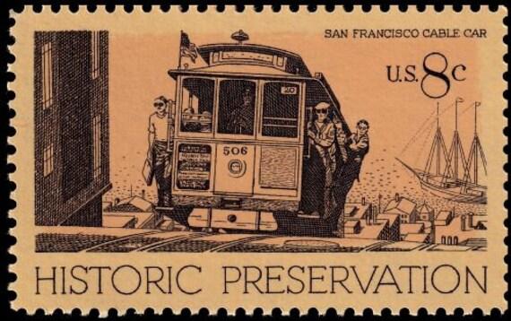 United States postage stamp from 1971 featuring a cable car with riders and text that reads: "San Francisco Cable Car" and "Historic Preservation."