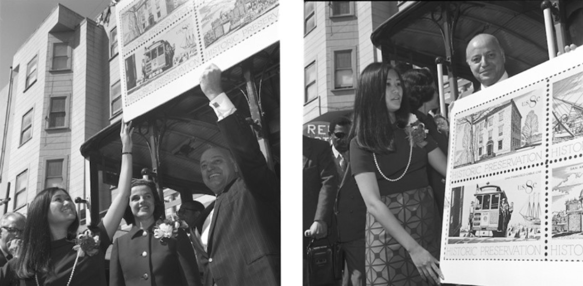 Mayor Joseph Alioto and Supervisor Dianne Feinstein and others attend a cable car stamp unveiling in 1971.