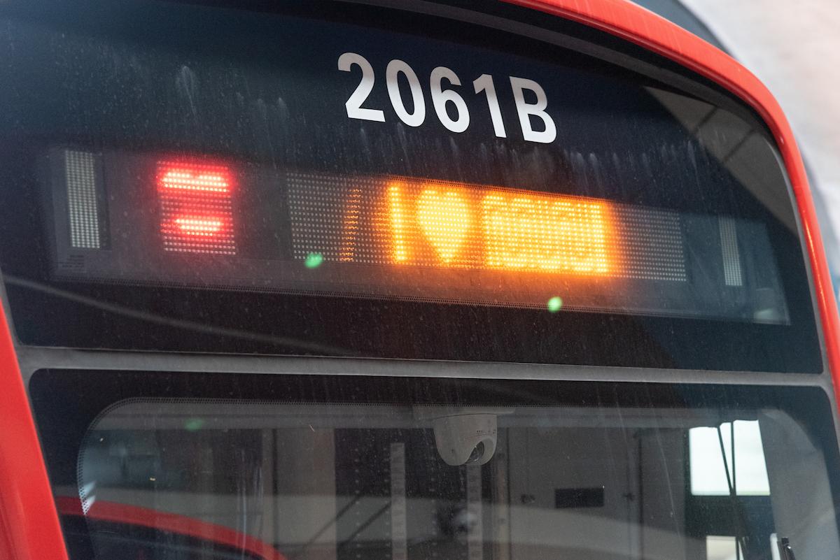 A train display with writing that says, “I heart Muni.”