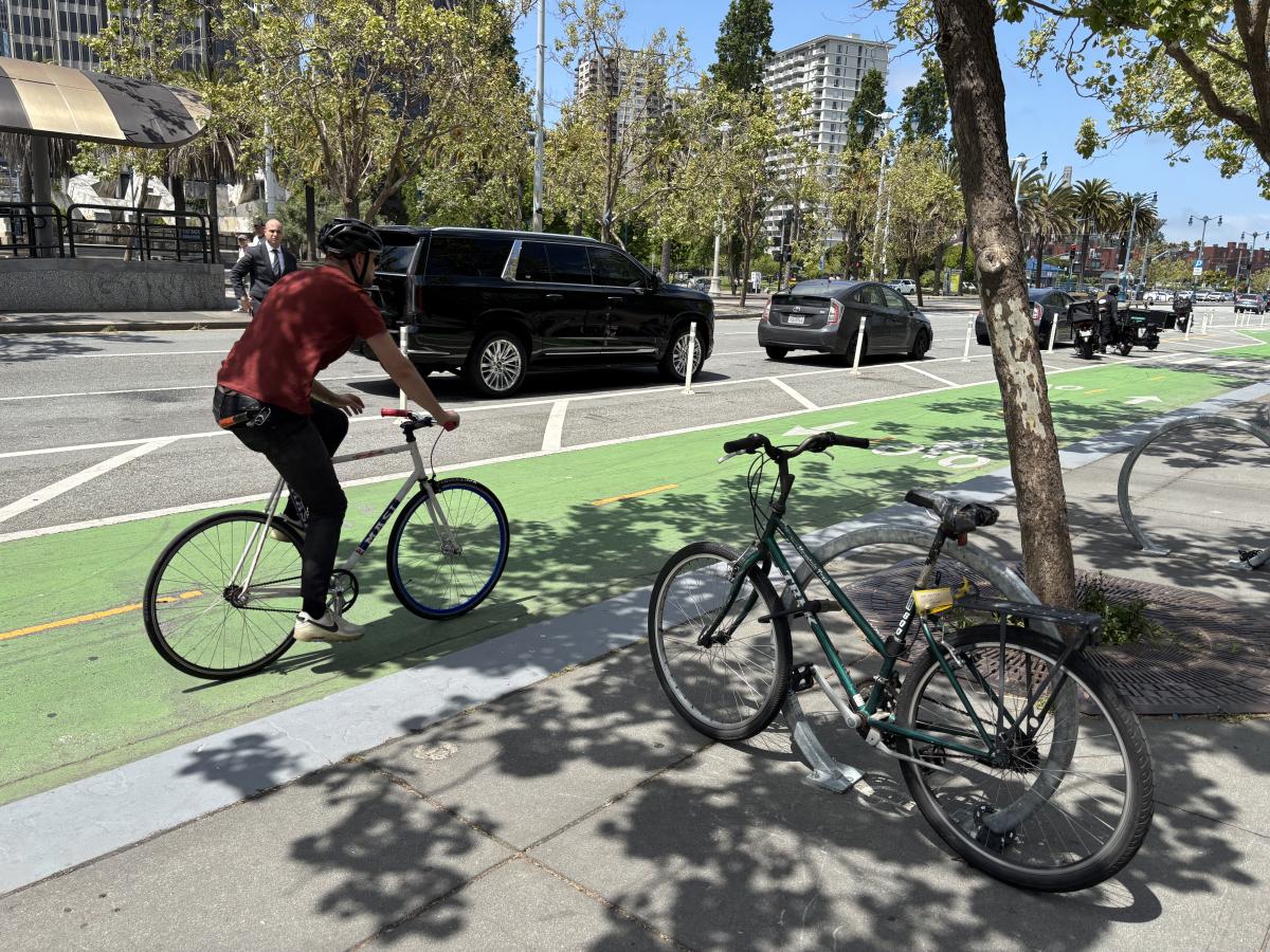 A person on a bike in a green lane near a tree and another bike.