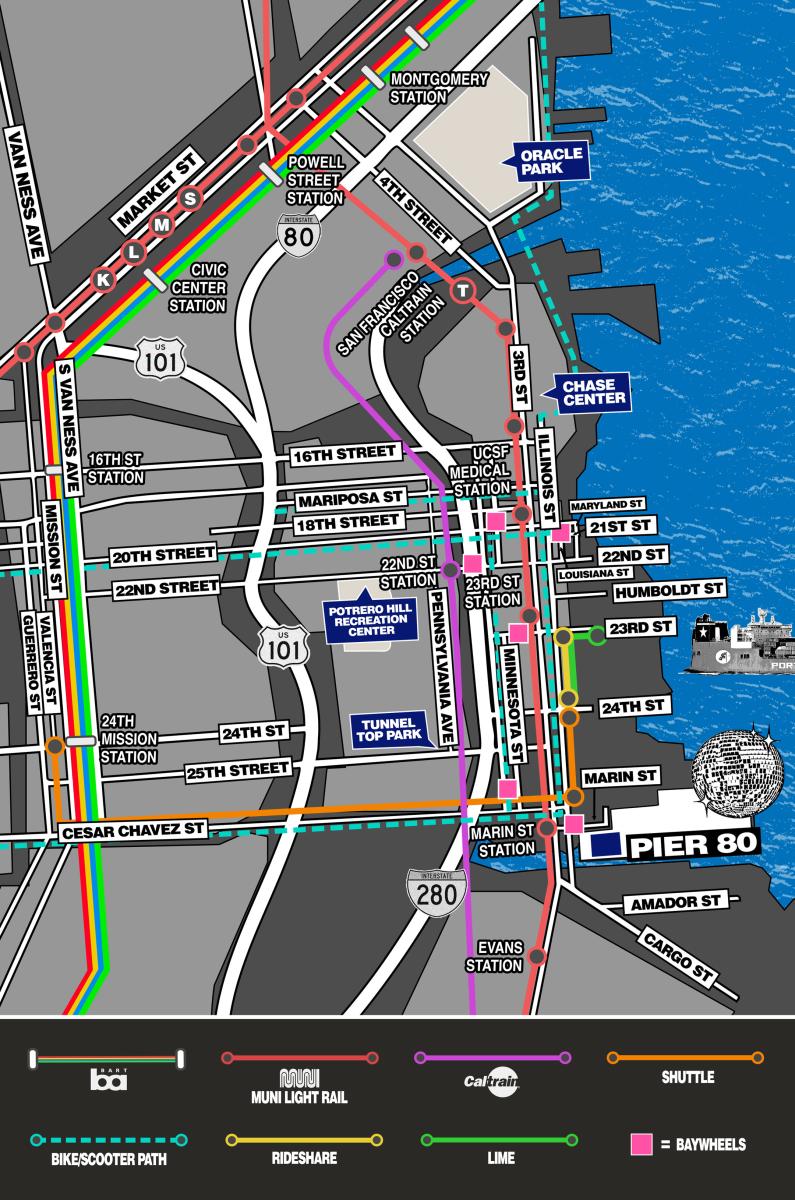 Map of street closures, Muni routes, event shuttles, and rideshare pick-up/drop-off locations during Portola Music Festival