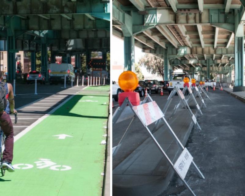 Two photos. One photo shows a man bicycling on a newly-installed curbside bike lane on 13th Street, separated from traffic lanes by a lane of car parking and a buffer area. Second photo shows a curbside bike lane on eastbound Division Street with newly-installed concrete dividers covered by construction fixtures.