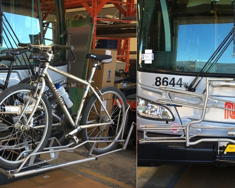 Two photos of a three-slotted bike rack on the front of a Muni bus. One shows the rack deployed and carrying bicycles, the other shows the rack folded up.