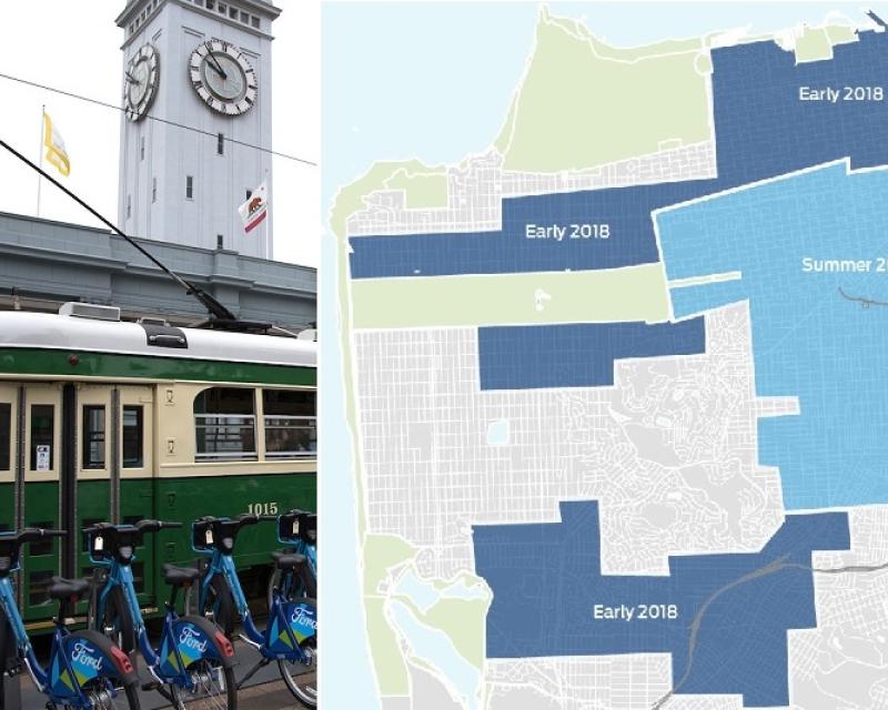 A Ford GoBike bike-share station and map of San Francisco areas planned to get new stations.