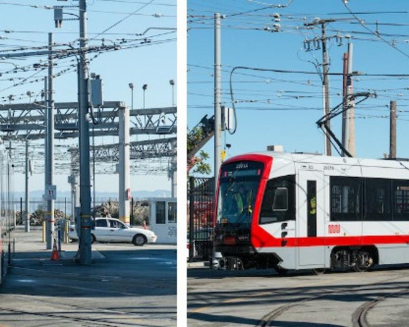Photos of the new Muni train outside in the train yard.