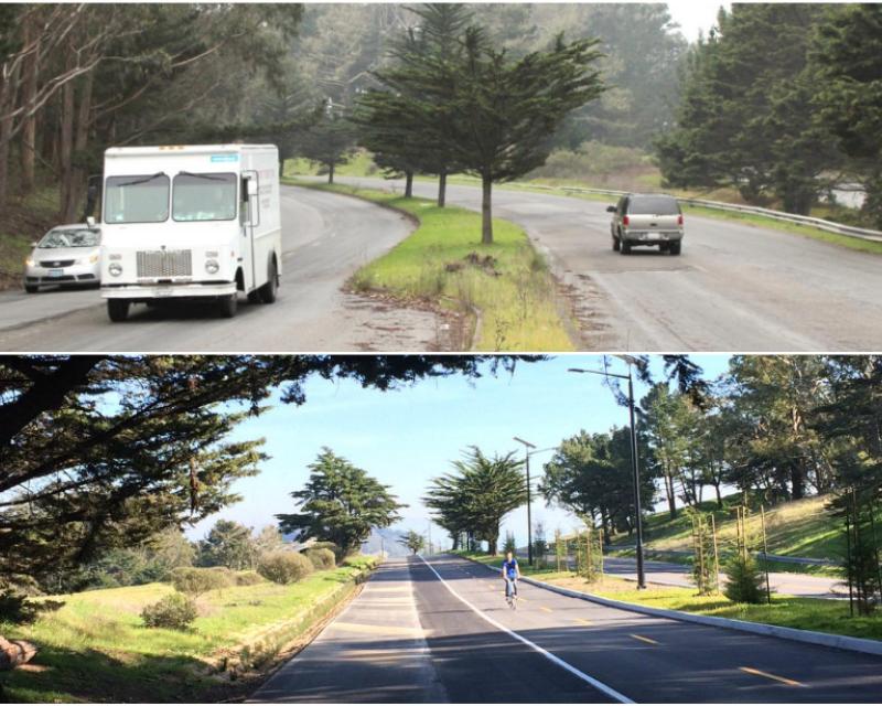Two photos of newly-renovated Mansell Street in McLaren Park, before and after it was redesigned. The top, older photo shows the roadway with only vehicle traffic on either side of a center planted median. The bottom, newer photo shows the road with walking and biking paths on one side of the median, and vehicle traffic on the other.