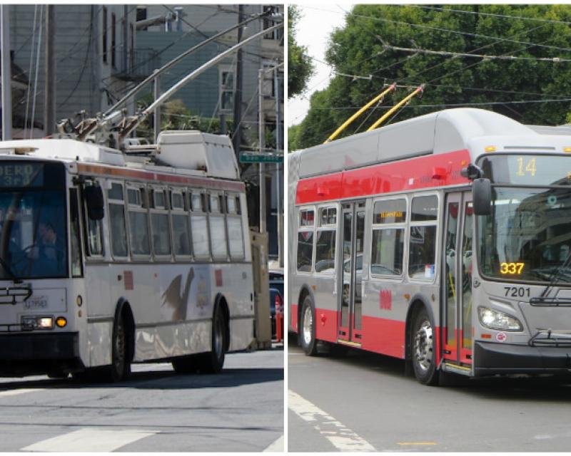 Photos of one of Muni’s older, standard-length trolley buses at a stop on the 24 Divisadero route and one of Muni’s new, extended trolley buses traveling on the 14 Mission route.