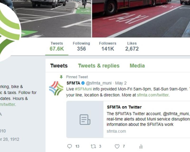 A screenshot of the SFMTA's Twitter account webpage. The account description states, "We manage Muni, parking, bike & walking projects, traffic & taxis. Follow for real-time #SFMuni updates. Hours & more info at http://sfmta.com/twitter."