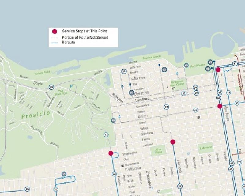 Detailed map of San Francisco Presidio and surrounding neighborhoods showing the reroutes for Saturday.