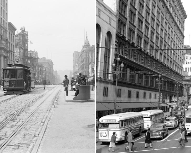 Two photographs showing a bustling downtown Market Street in 1906, with cable cars, and in 1948, with buses and streetcars.