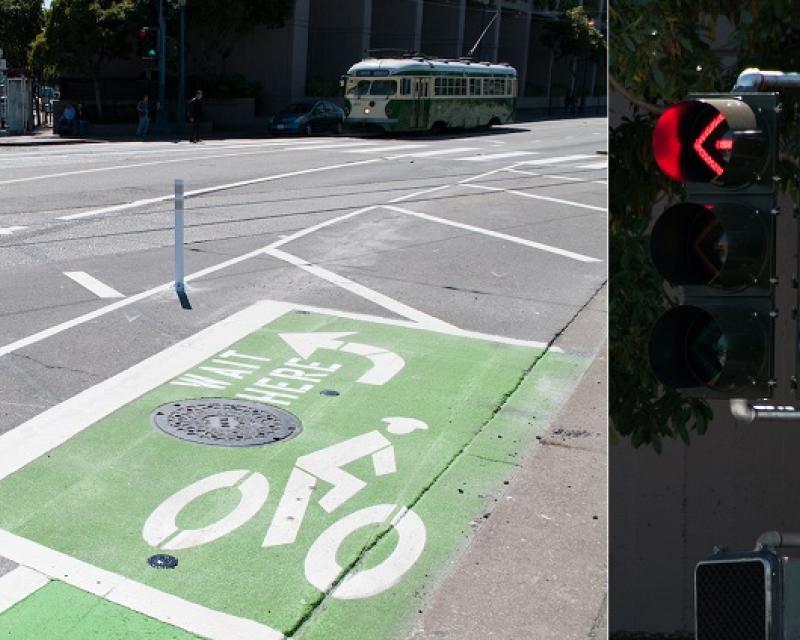 Two photos of a newly-installed bicycle traffic signal and waiting area for left turns on The Embarcadero at North Point Street.