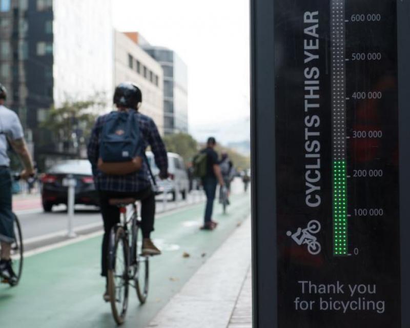 Bicyclist and Market Street Bike Counter Totem