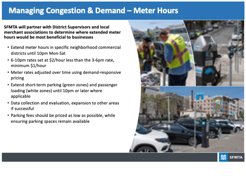 Board highlighting proposed plans for Managing Congestion & Demand – Meter Hours