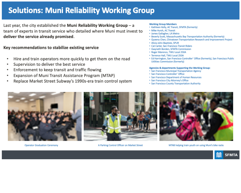 Board highlighting the Solutions recommended by the Muni Reliability Working Group