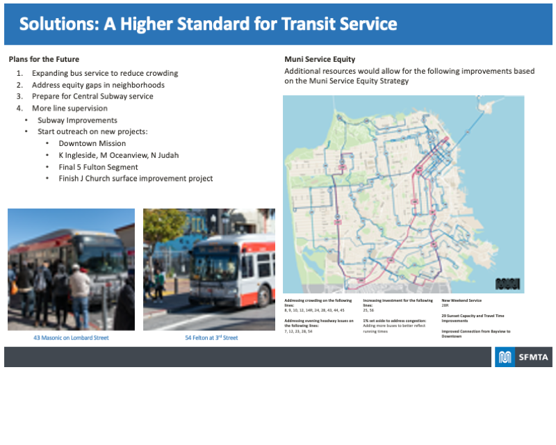 Board highlighting the Solutions proposed for A Higher Standard for Transit Service