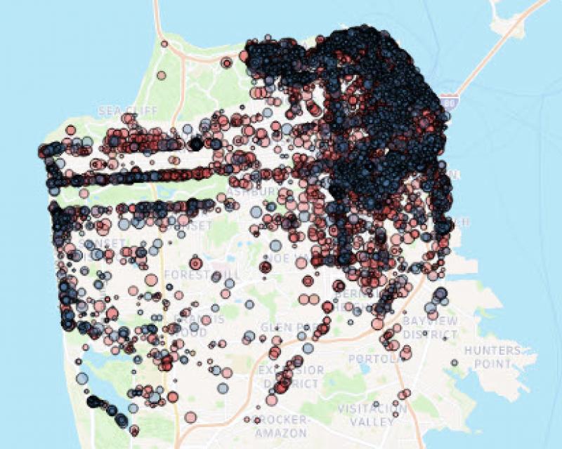 Map with scooter and Bike Citation in San Francisco City
