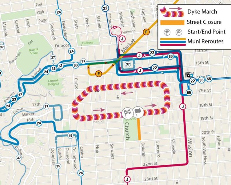 Map of Muni service changes during 2024 Dyke March