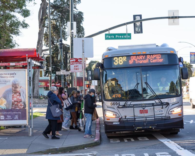 People board the 38 Geary, a route that's part of our Muni Forward program.