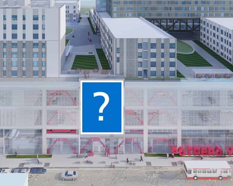 Visualization of the Mariposa Street stairwell area where new art is coming. A blue block of color with a question mark shows where the art is heading.