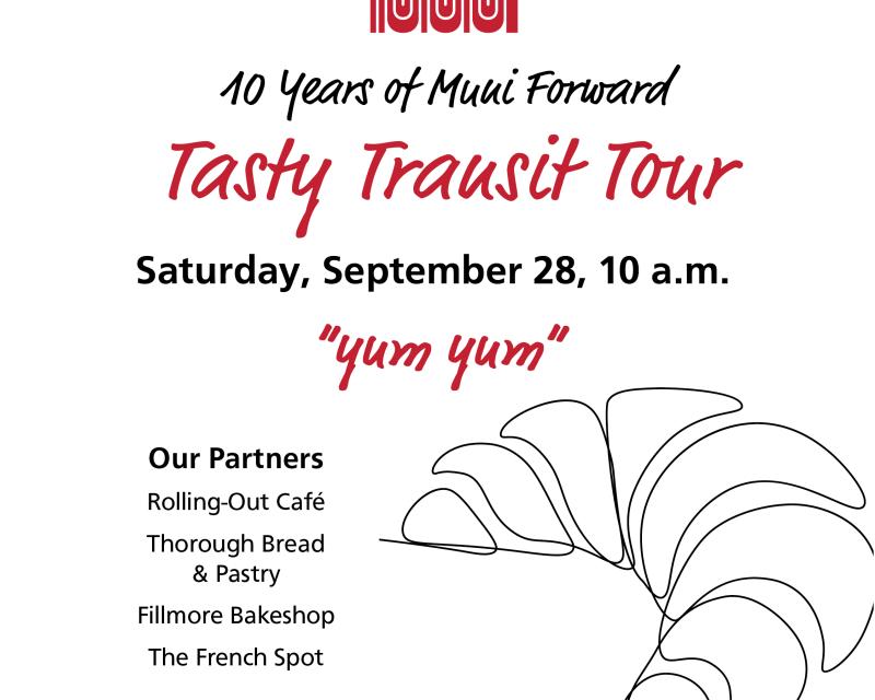 Graphic poster with the Muni logo, a line drawing of a croissant, and information about the Tasty Transit Tour