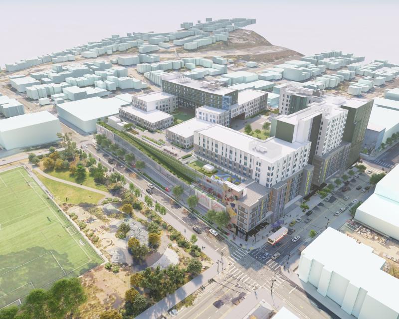 Architectural rendering of an aerial view of the Potrero Yard Modernization Project from the northwest of the bus facility and proposed housing (Arcadis IBI Group)