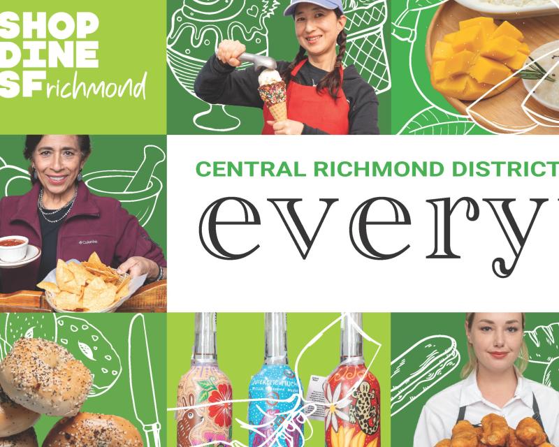 Image shows part of a Geary Bus ad that promotes the Central Richmond. It has a green background and includes close-ups of food and photos of people serving food.