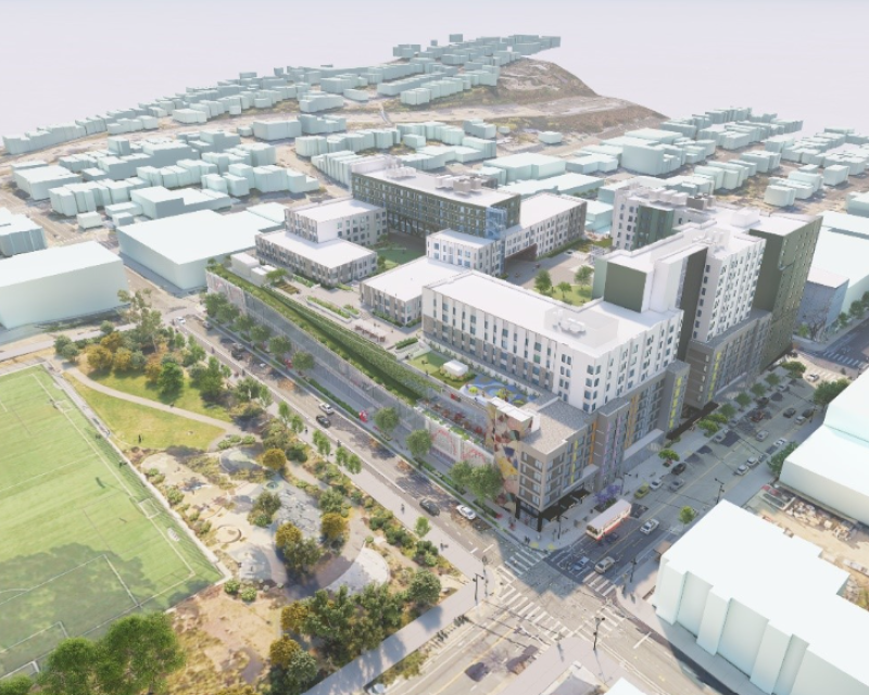 Rendering of the Potrero Yard Modernization Project. View of the southeast.