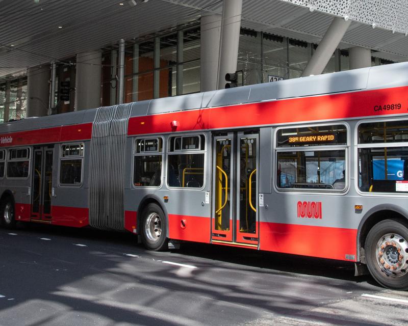 Muni bus under Salesforce Transit Center