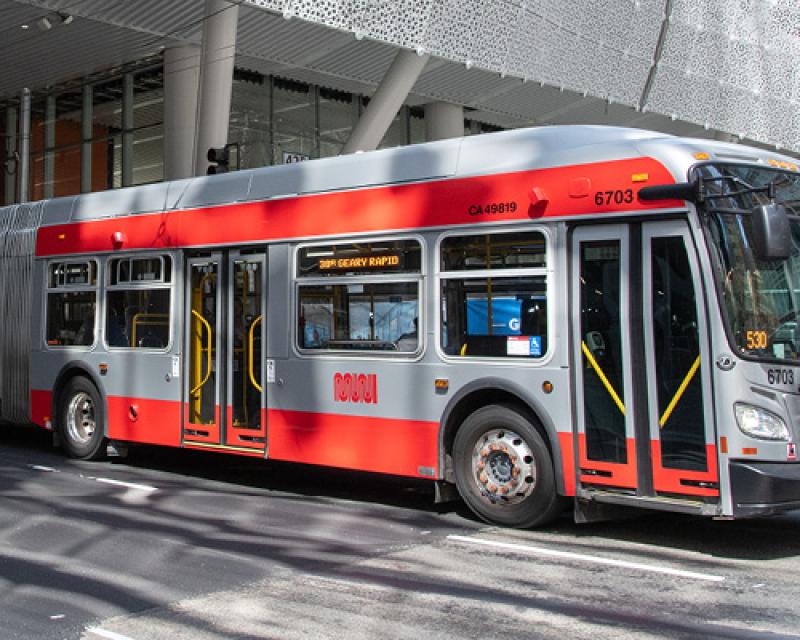 Muni bus under Salesforce Transit Center