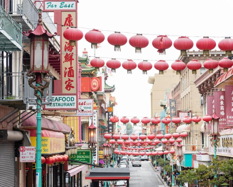 Image of Grant Avenue in Chinatown with red lanterns strung across the street from building face to building face.