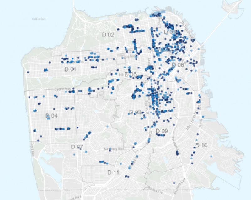 Map showing locations of Shared Spaces all over San Francisco