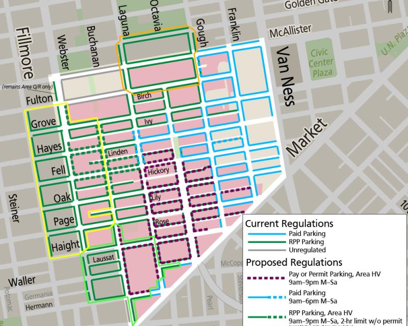 Map showing proposed parking changes in Hayes Valley. Text version of proposal available on the project webpage.