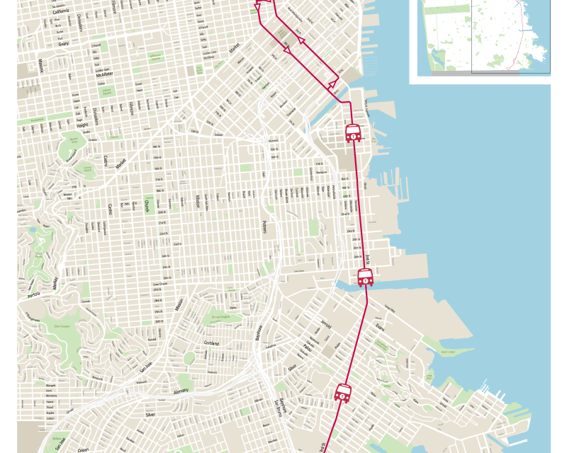 Map showing the T Bus alignment from Chinatown to Sunnydale