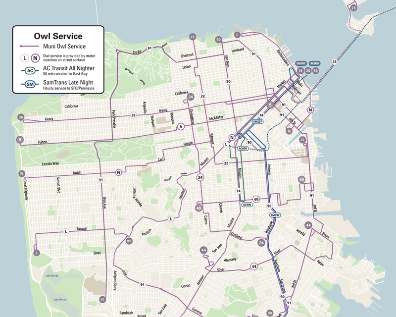 Map of the Muni Owl All-Nighter Service Routes