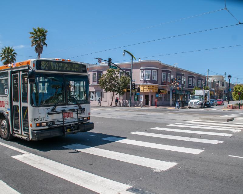 8x Bayshore Express bus passing leland ave on 3rd street in visitacion valley