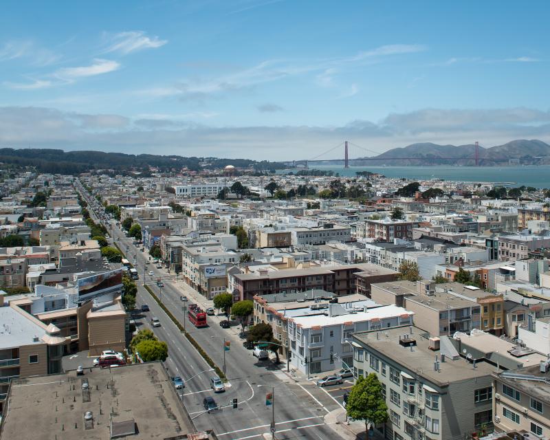 overhead view of Marina district and golden gate from lombard and van ness