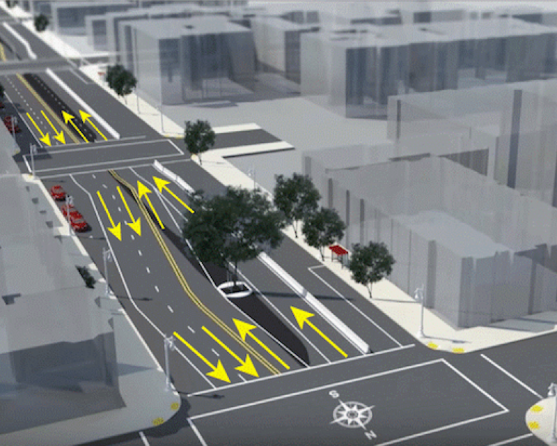 The yellow arrows in this rendering illustrate how traffic will be configured around the median trees to preserve them through 