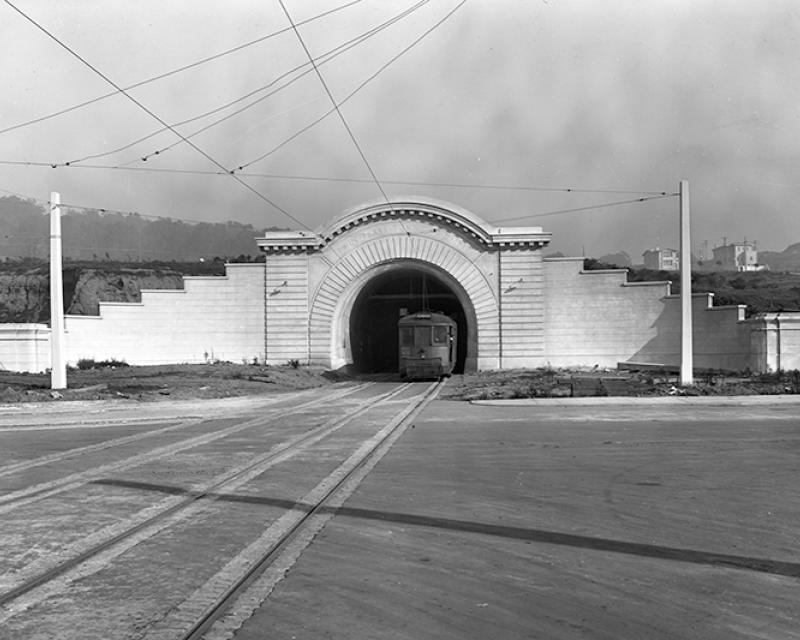 Vintage photo of a streetcar entering the Twin Peaks Tunnel