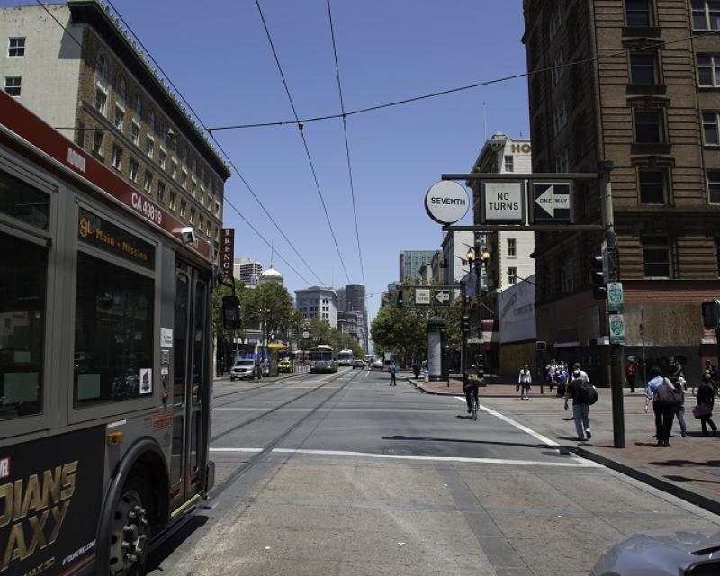 A 9 San Bruno coach headed down Market Street.