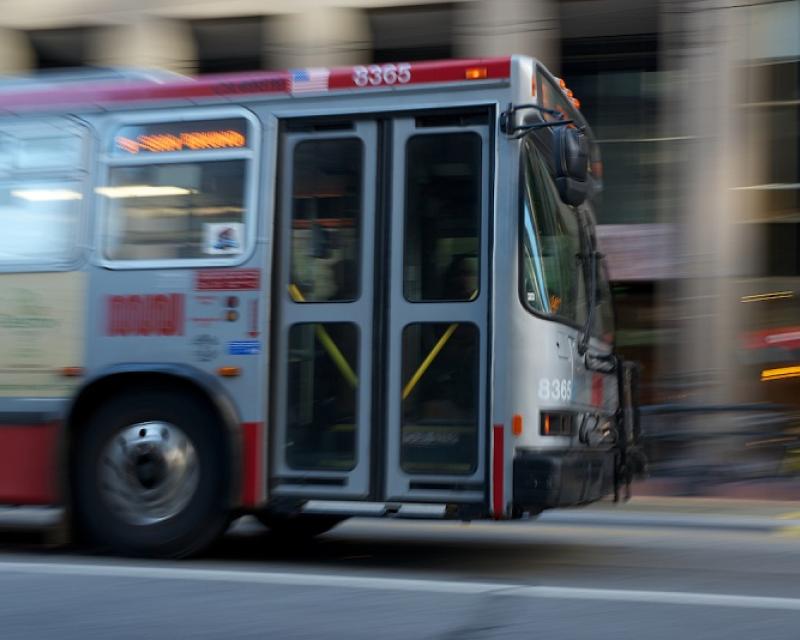 A Muni bus driving.