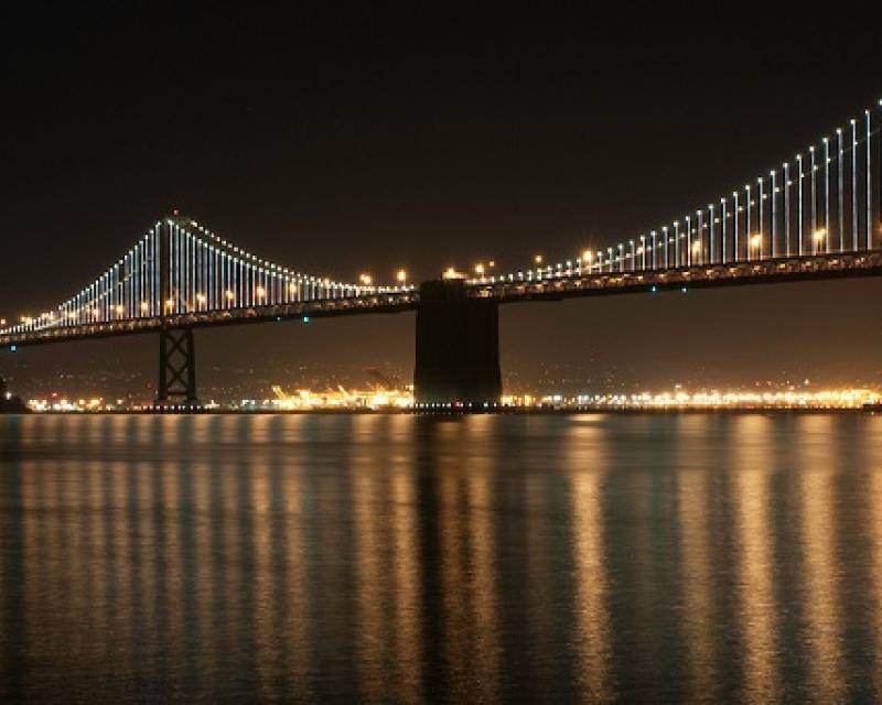 The Bay Bridge at night.