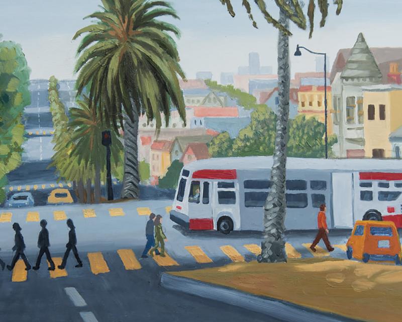 this image of art created for the Muni Art contest shows a Muni bus and people walking